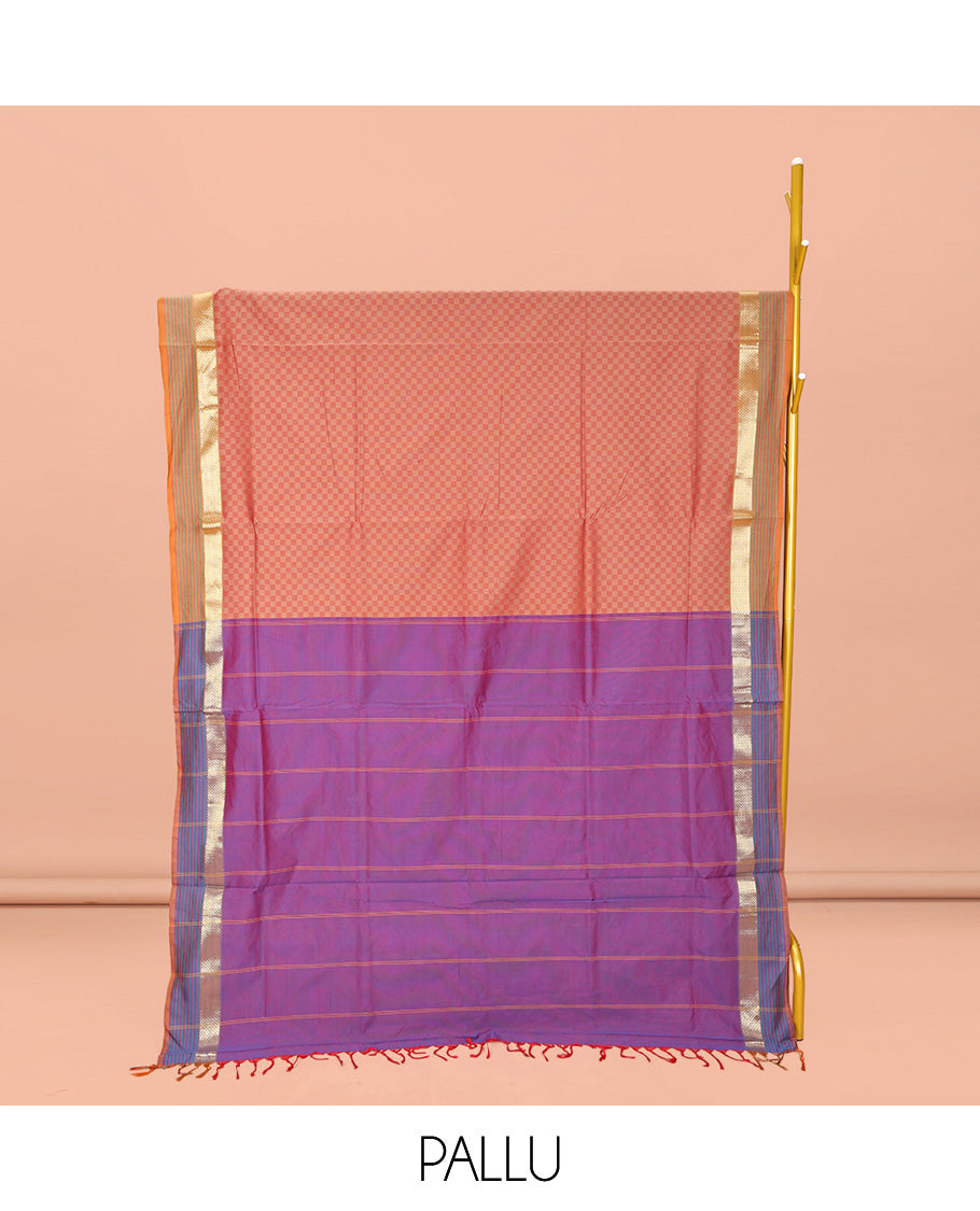 Peach Checked Poly Cotton Saree, Complemented by a Contrast Zari Border, Contrast Striped Pallu, and Paired with a Contrast Blouse