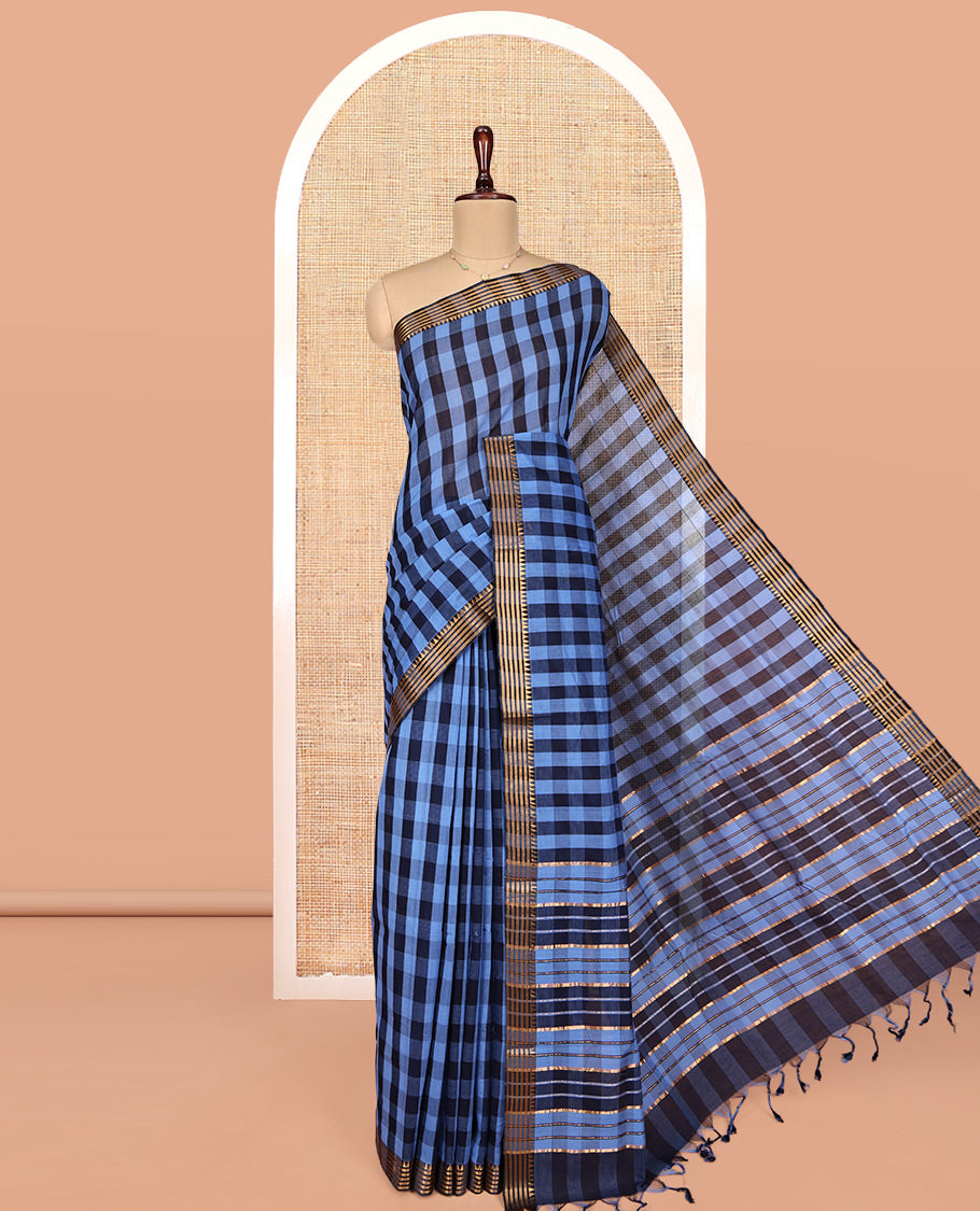 Multi-Color Checked Mangalgiri Cotton Saree, Highlighted by Zari Temple Border, Zari-Striped Pallu, and Paired with a Matching Blouse