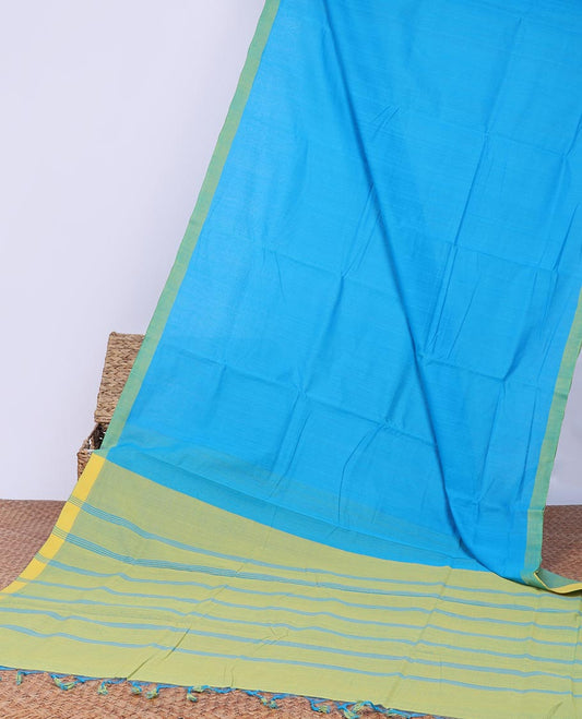 Blue plain khadi cotton saree with contrast border & striped design pallu
