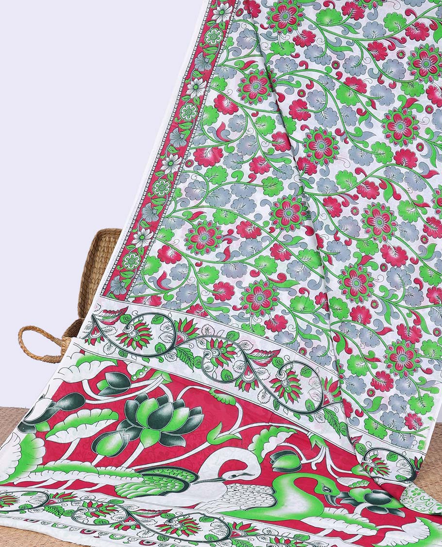 Cream floral vine design machine-printed kalamkari cotton saree with contrast border & intricate design pallu