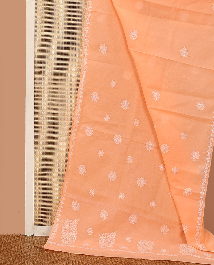 Orange floral thread embroidered buttas Lucknowi chikankari saree, thread embroidered border, and floral embroidered pallu