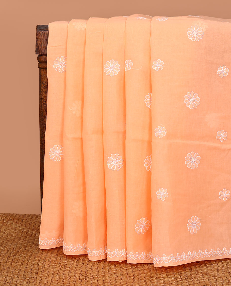 Orange floral thread embroidered buttas Lucknowi chikankari saree, thread embroidered border, and floral embroidered pallu
