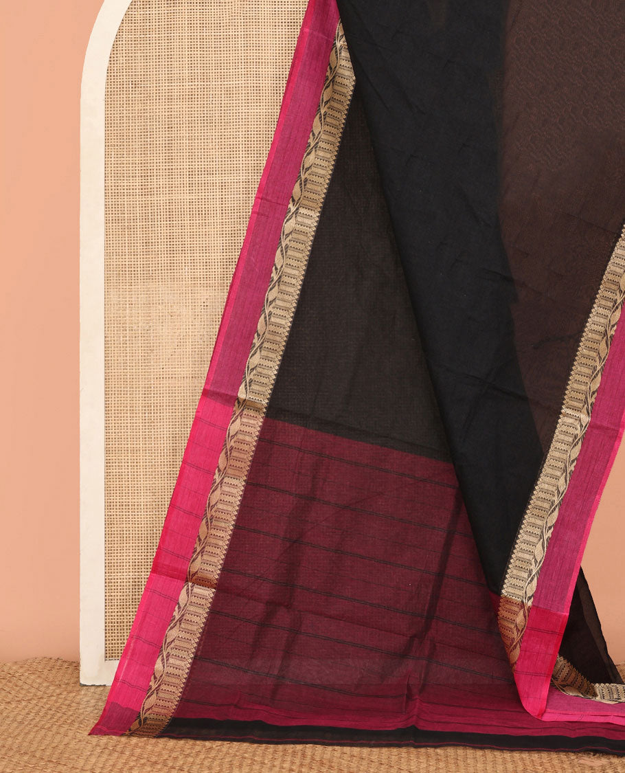 Black Plain Bengal Cotton Saree, a Contrast Traditional Border, Striped Pallu, and No Blouse