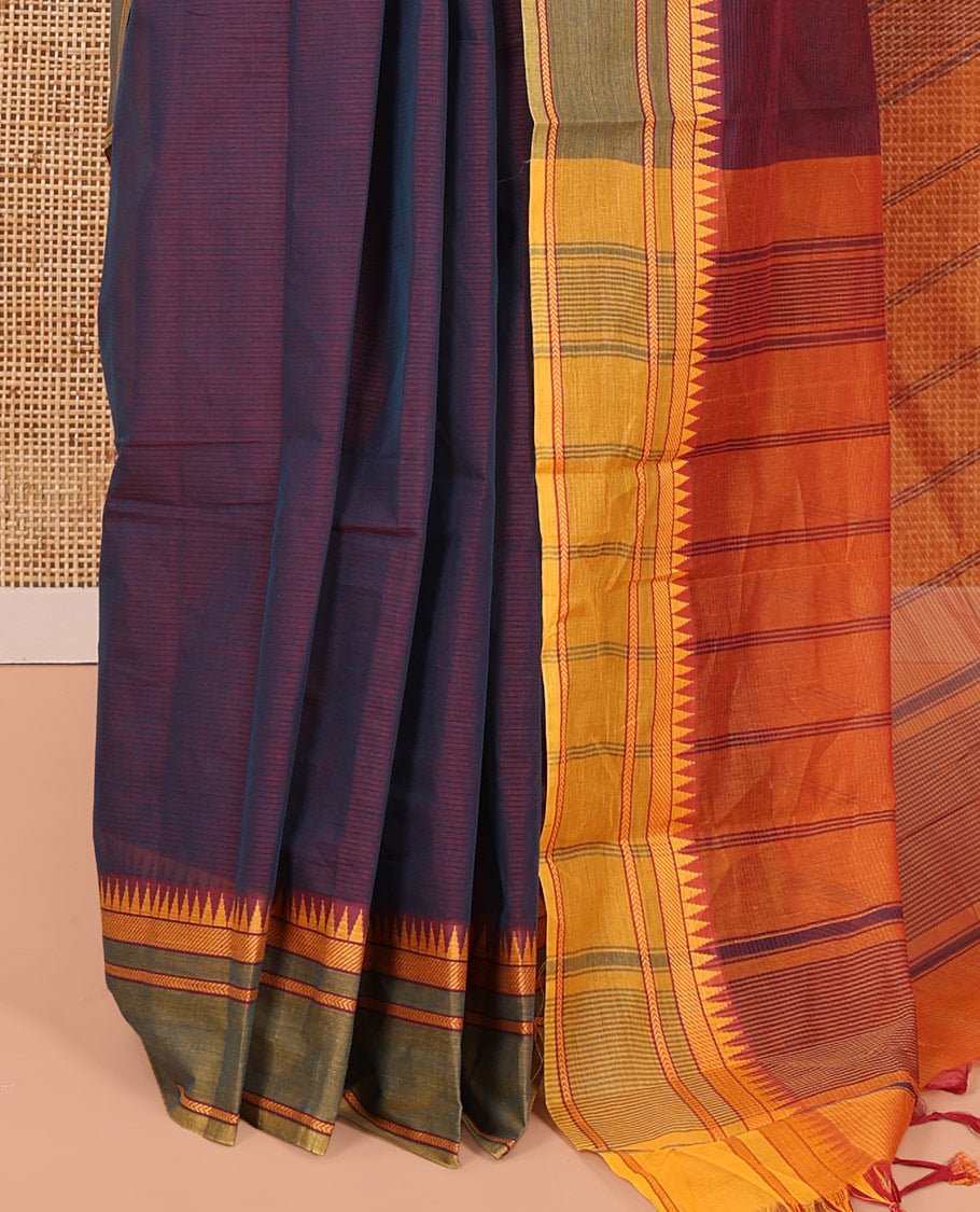 Purple Andhra Cotton Saree, Sparsely Woven with Stripes, a Contrast Temple Thread Border, Striped Pallu, and a Contrast Blouse