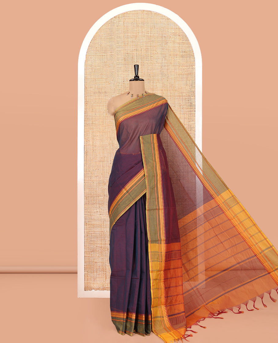 Purple Andhra Cotton Saree, Sparsely Woven with Stripes, a Contrast Temple Thread Border, Striped Pallu, and a Contrast Blouse
