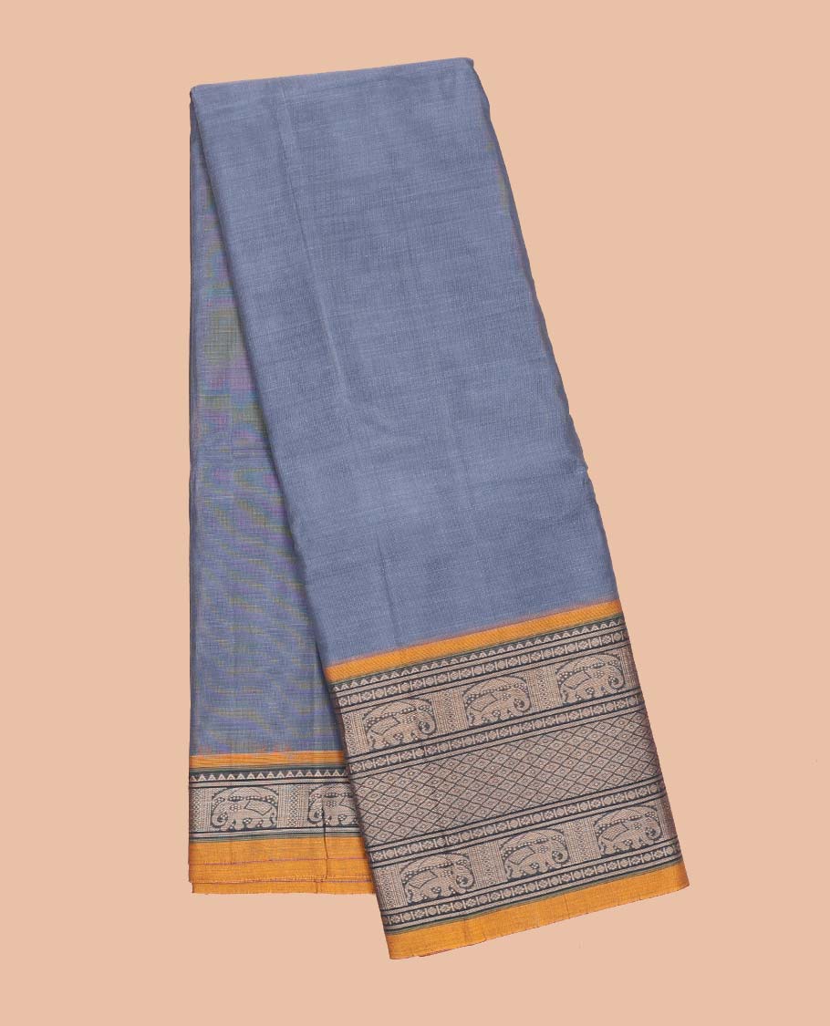 Lavender plain Narayanapet cotton saree, contrast traditional design border & multi-color striped pallu