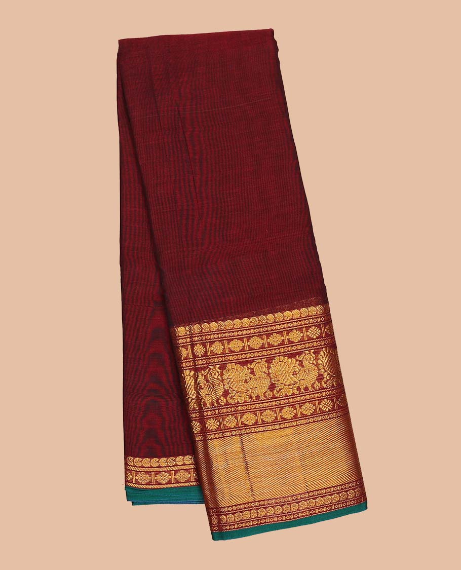 Maroon plain Narayanapet cotton saree, contrast traditional design border & striped pallu