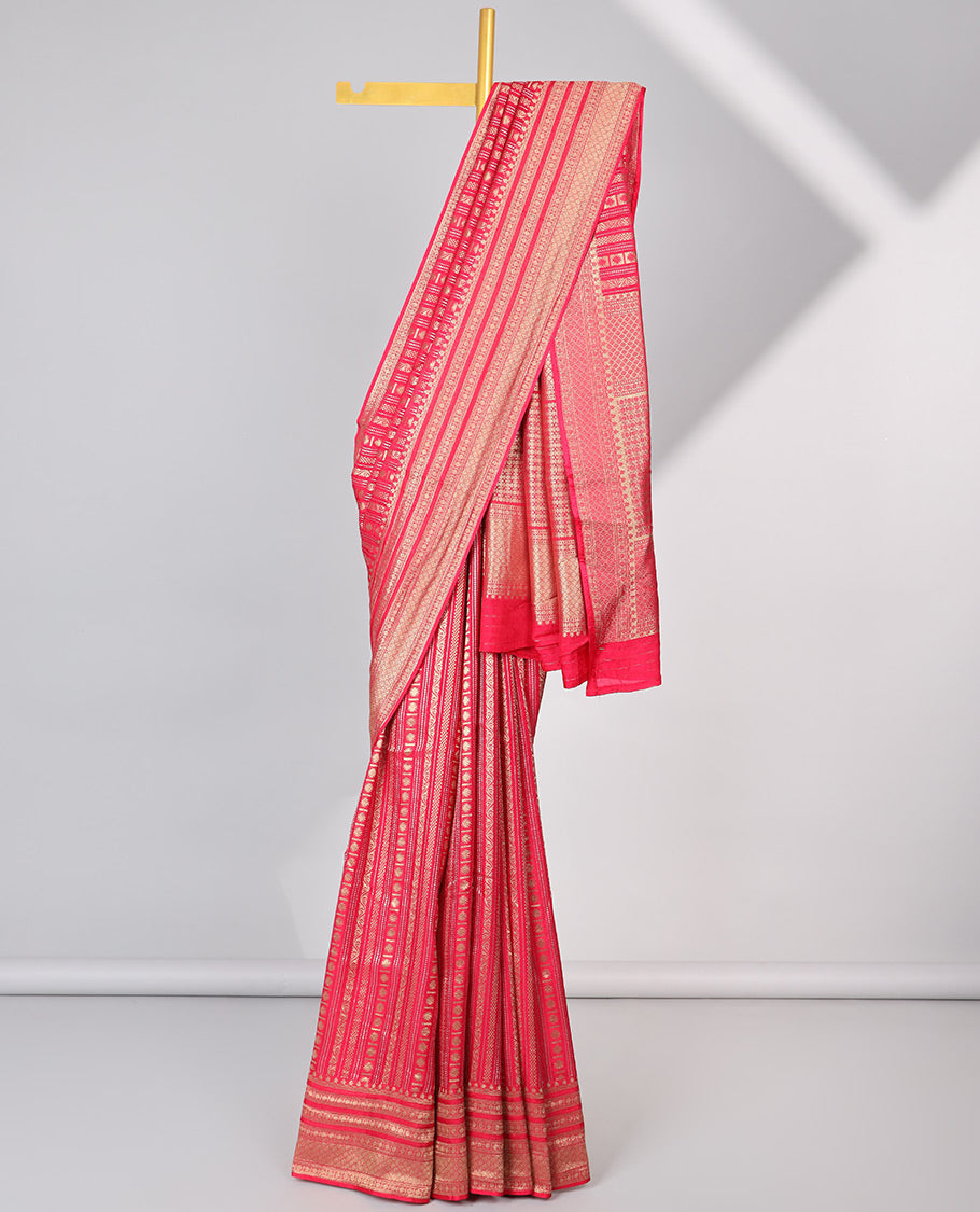 Red geometric semi-banaras dola silk saree with self zari border & argyle pattern, geometric design pallu