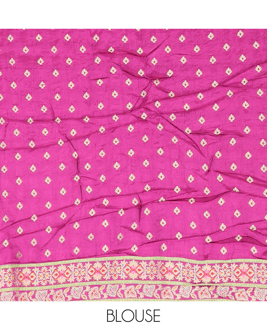 Purple bandhani dottes and meenakari floral-paisley design dola silk saree, self-border, and pallu of meenakari floral-paisley designs