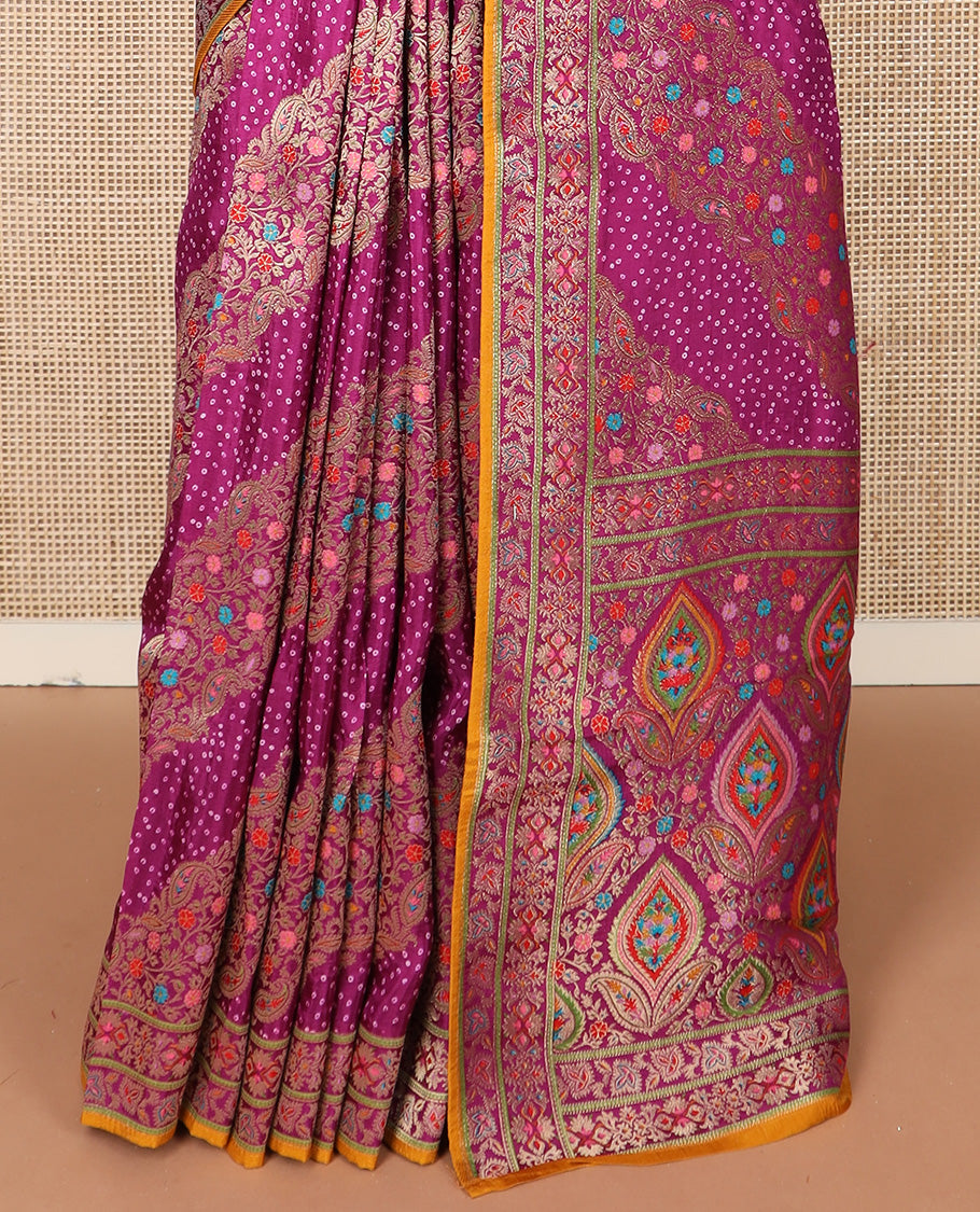 Purple bandhani dottes and meenakari floral-paisley design dola silk saree, self-border, and pallu of meenakari floral-paisley designs