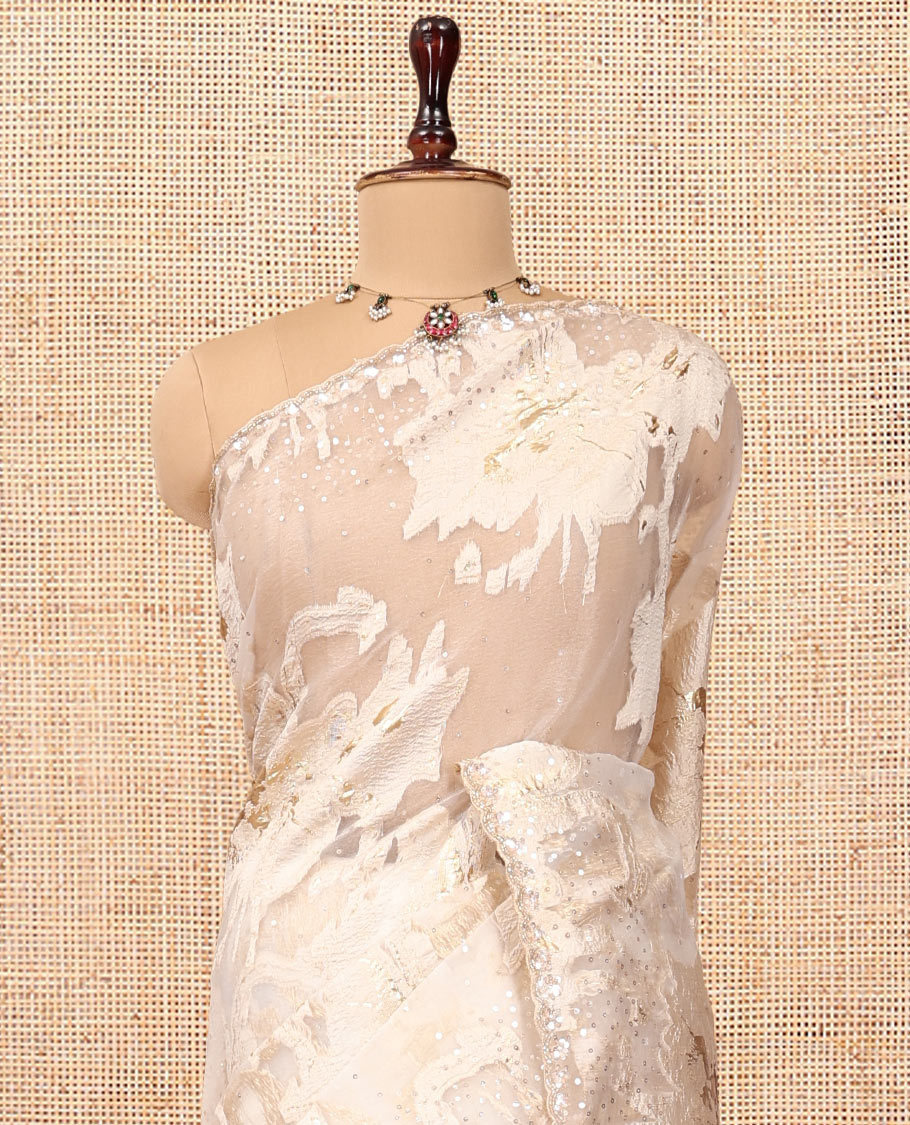 Gold Turkey Organza Saree, Shimmering with Floral Threadwork, a Gleaming Scallop Border, and a Matching Blouse