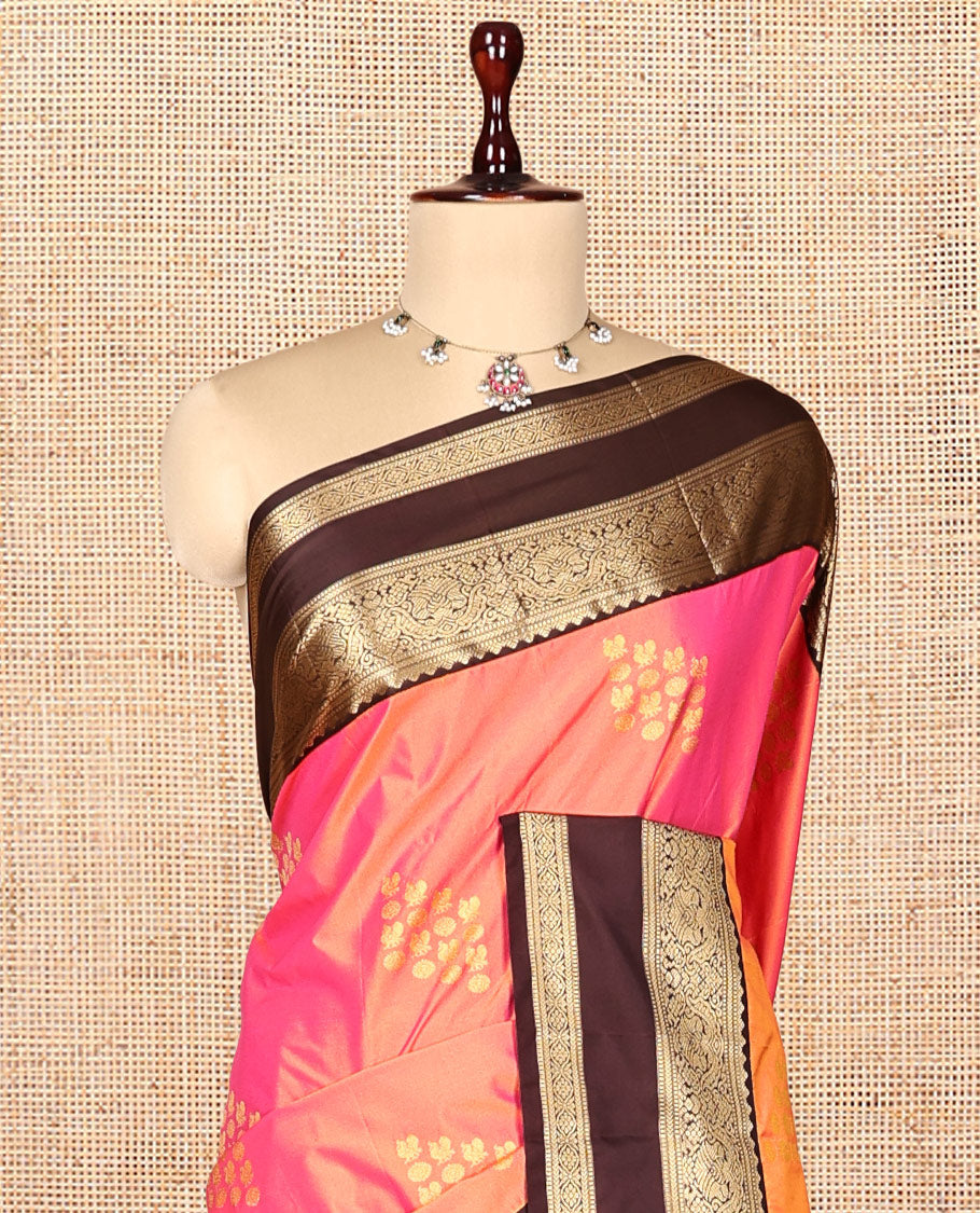 Peach Budget Silk Saree Features Buttas, Contrast Rettai Pettu Border, Grand Pallu, Contrast Blouse