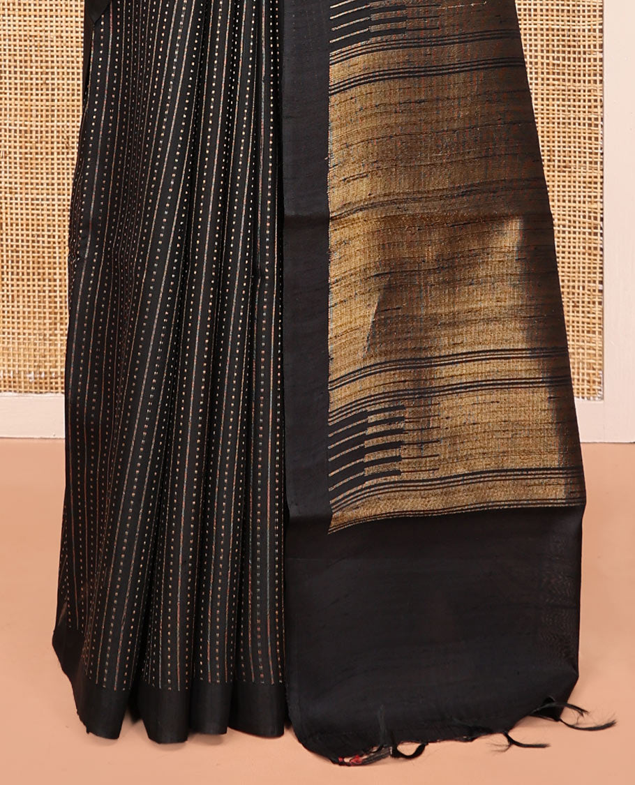 Black Dupion Silk Saree, Steeped in Richness of Stripes and Buttas, a Self-Border, Gleaming Zari Temple Pallu, and a Matching Blouse