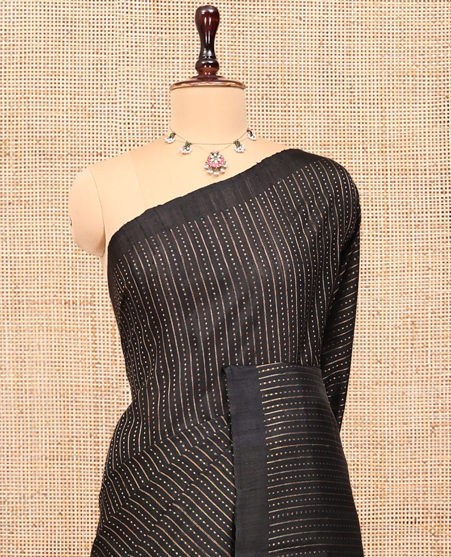 Black Dupion Silk Saree, Steeped in Richness of Stripes and Buttas, a Self-Border, Gleaming Zari Temple Pallu, and a Matching Blouse