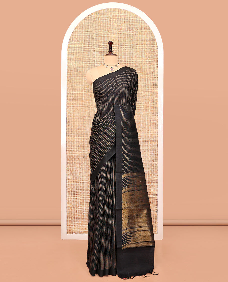 Black Dupion Silk Saree, Steeped in Richness of Stripes and Buttas, a Self-Border, Gleaming Zari Temple Pallu, and a Matching Blouse