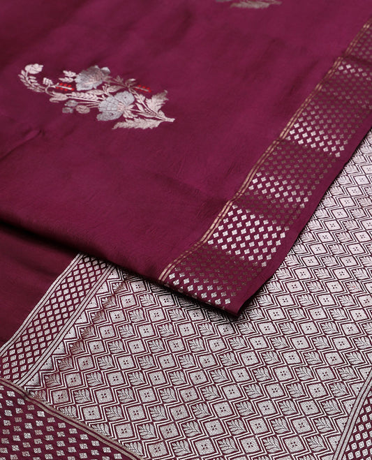 Purple motifs raw mago silk saree with self border zari design & argyle design pallu
