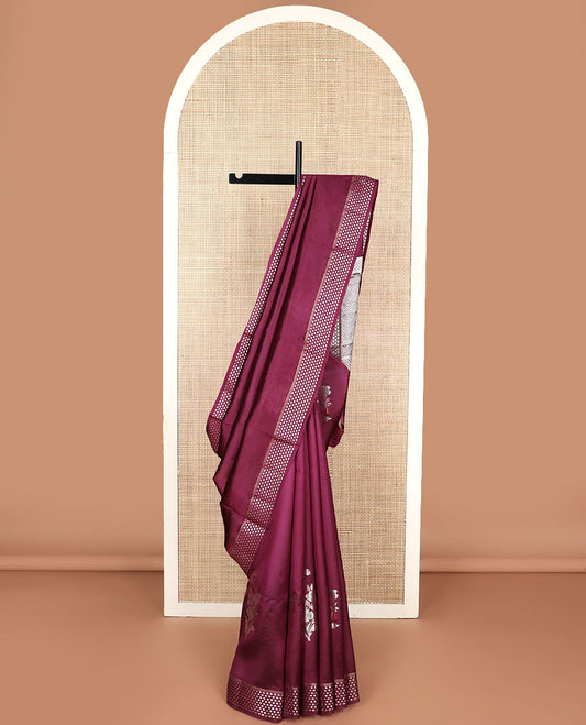 Purple motifs raw mago silk saree with self border zari design & argyle design pallu