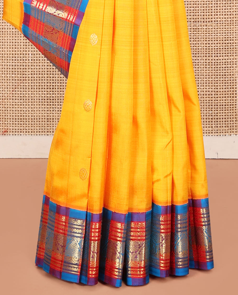 Yellow Kanchipuram Silk Saree, Elevated with Zari Buttas, a Contrast One-Sided Paalum Pazhmum Checked Zari Border, Paalum Pazhmum Checked Pallu, and No Blouse