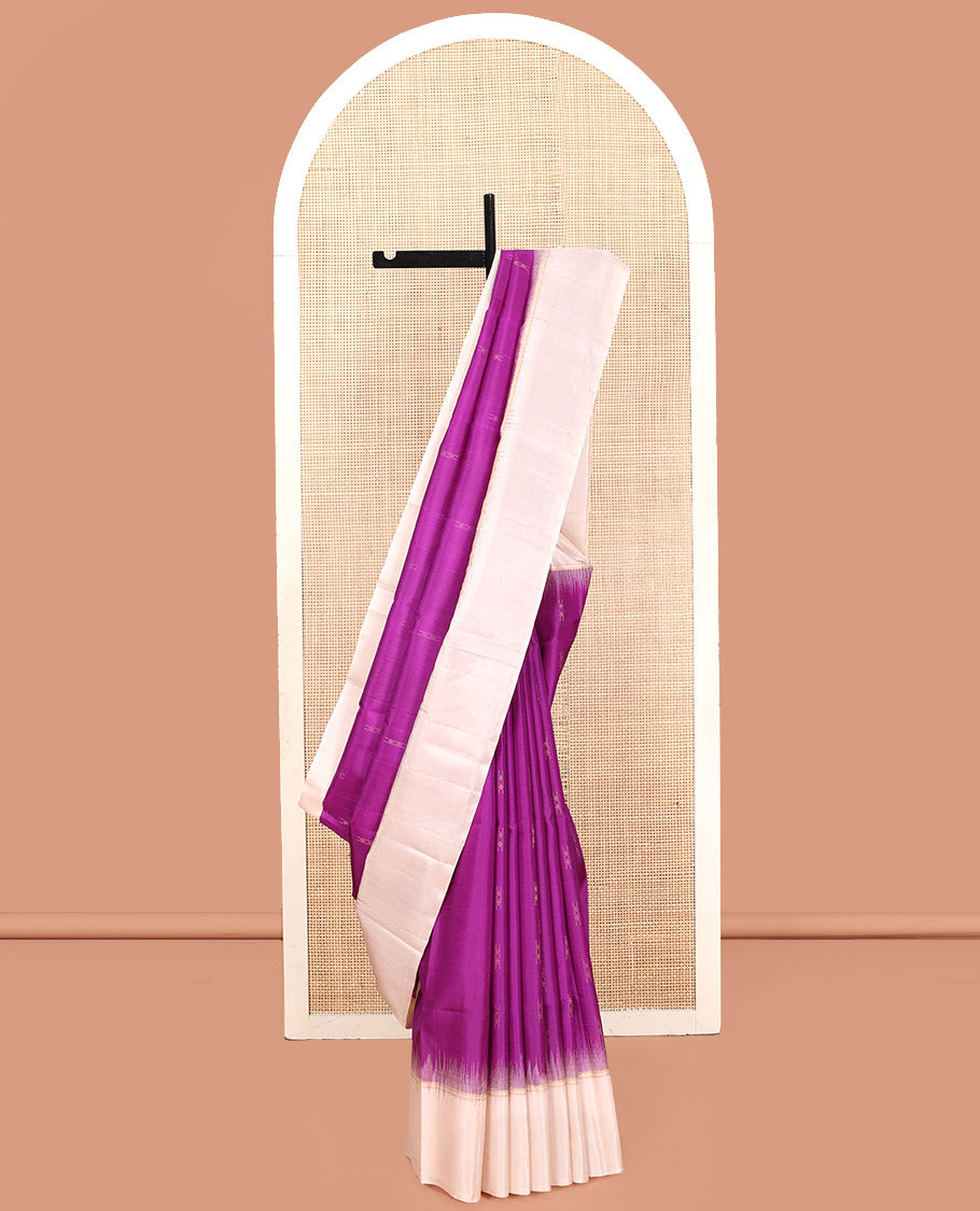 Purple Kanchipuram Silk Saree, Sparsely Woven with Zari Buttas, Contrast Border, Sparsely Woven Pallu, and Contrast Blouse