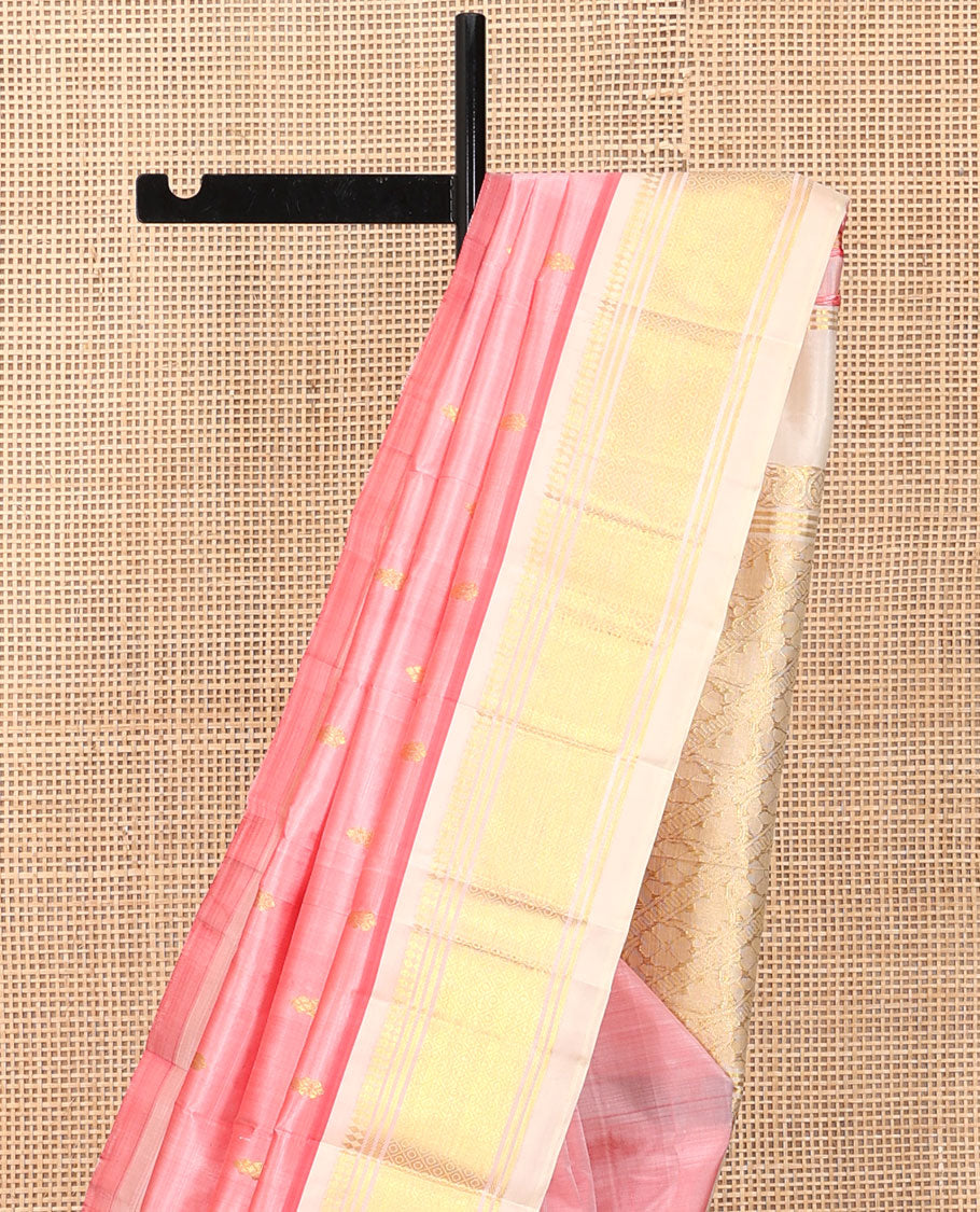 Pink Kanchipuram Silk Saree, Finely Crafted with Zari Buttas, a Contrast One-Sided Border of Panner Sombu, Banaras, and Jaal Designs, a Zari Design Pallu, and No Blouse