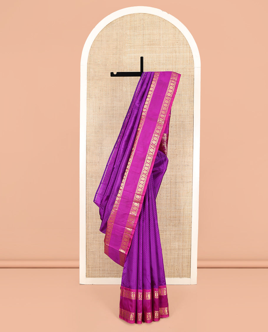 Purple Kanchipuram Silk Saree, Steeped with Zari Buttas, Complemented by a Contrast One-Sided Border of Rekku, and Chakram Designs, Floral Design Pallu, and No Blouse