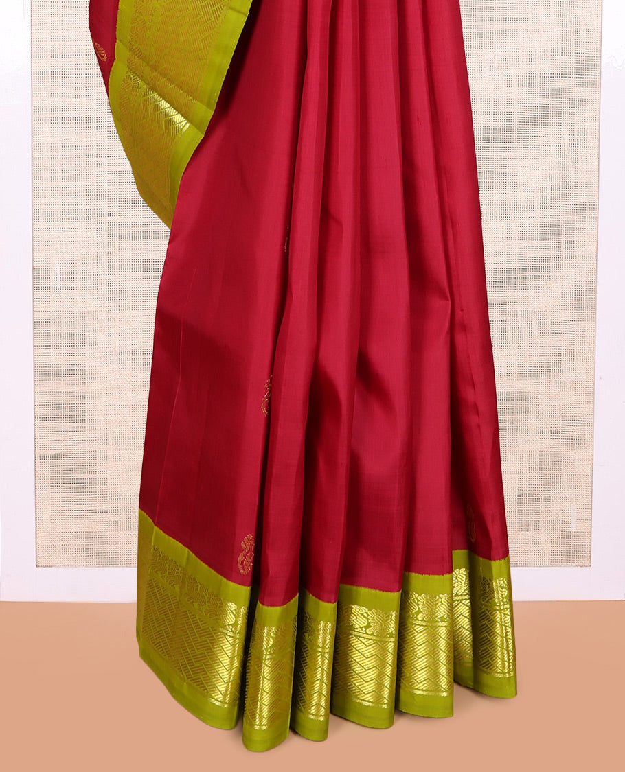 Light Maroon Kanchipuram Silk Saree, Detailed with Zari Buttas, a Contrast Korvai One-sided Border of Mayil, and Strip Designs, Pallu of Floral Designs, and No Blouse