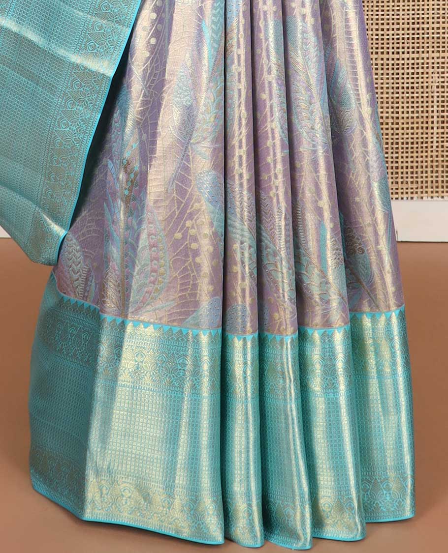 Purple leaf design kancheepuram tissue silk saree with contrast border of intricate zari design & argyle design pallu