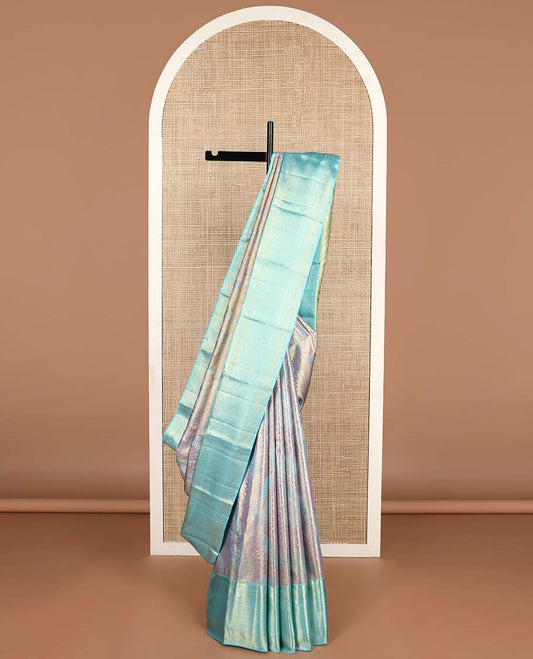 Purple leaf design kancheepuram tissue silk saree with contrast border of intricate zari design & argyle design pallu