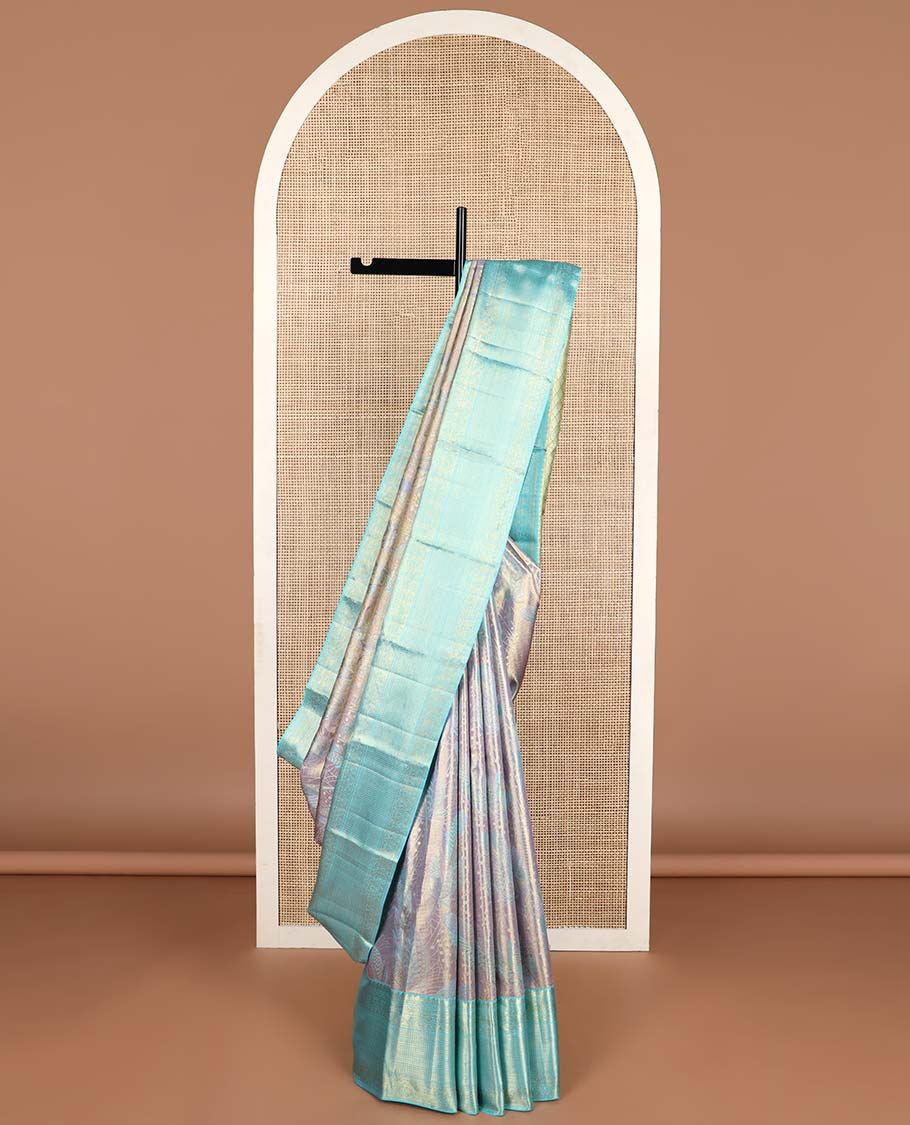 Purple leaf design kancheepuram tissue silk saree with contrast border of intricate zari design & argyle design pallu