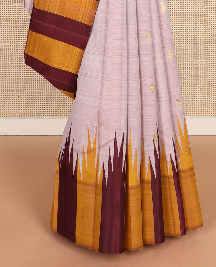 Onion pink floral zari buttas Kanchipuram silksaree, contrast one-sided thazampoo rekku zari border & zari design pallu