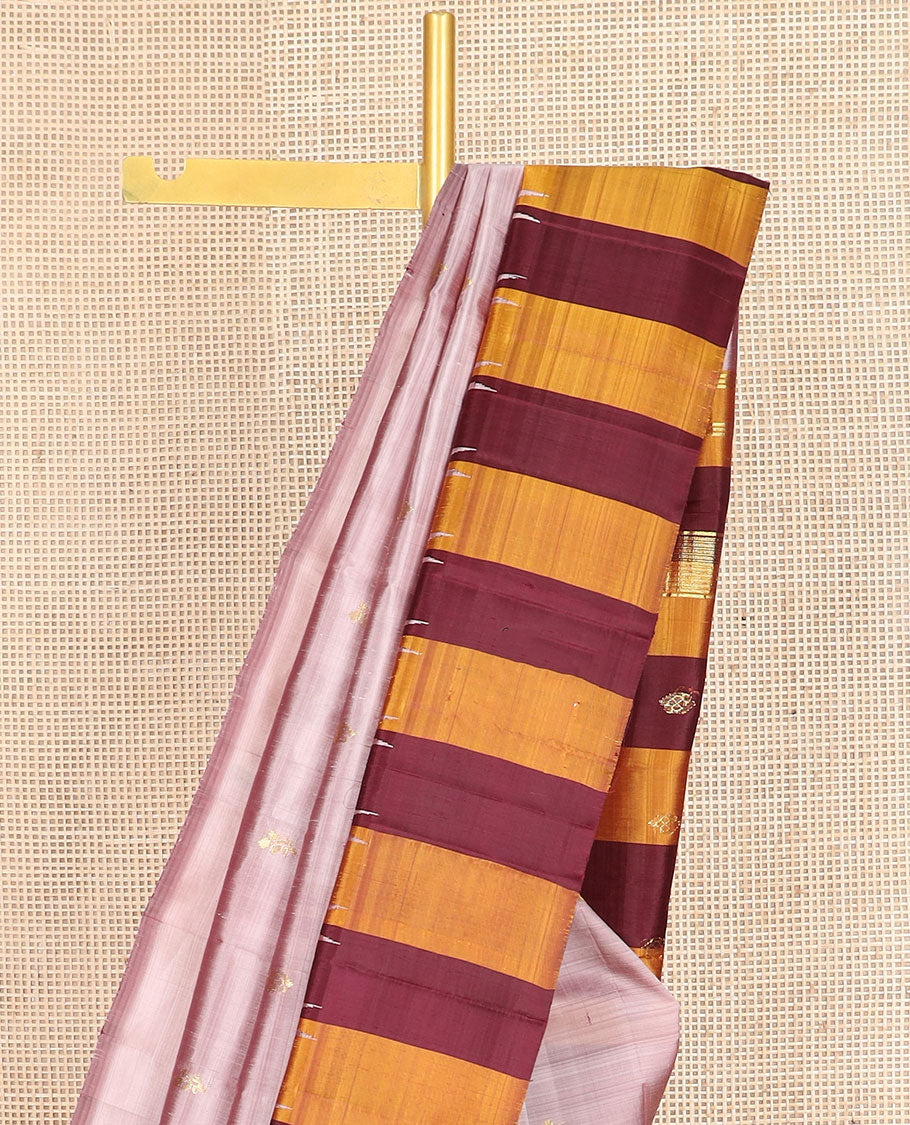 Onion pink floral zari buttas Kanchipuram silksaree, contrast one-sided thazampoo rekku zari border & zari design pallu