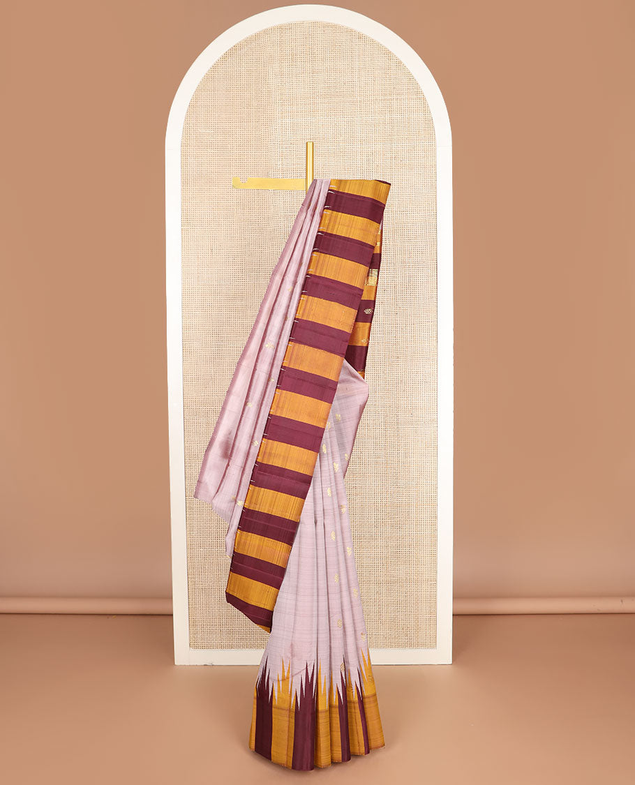 Onion pink floral zari buttas Kanchipuram silksaree, contrast one-sided thazampoo rekku zari border & zari design pallu