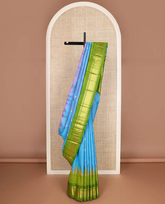 Green zari buttas kanchipuram silk saree, contrast thazampoo rekku one-sided zari border of salngai,banaras, & lavangam & zari design pallu