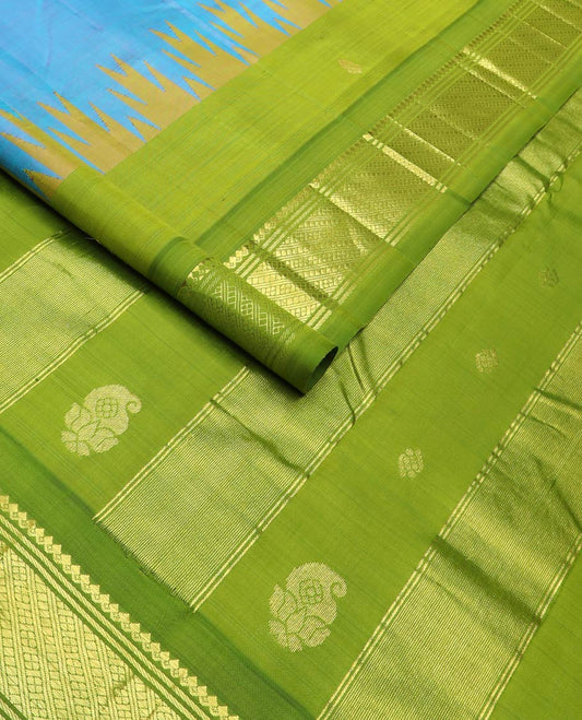 Green zari buttas kanchipuram silk saree, contrast thazampoo rekku one-sided zari border of salngai,banaras, & lavangam & zari design pallu
