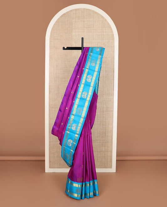 Rani pink zari buttas Kanchipuram silk saree, contrast korvai rettai pettu poun design border & floral design pallu