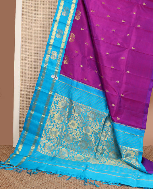 Rani pink zari buttas Kanchipuram silk saree, contrast korvai rettai pettu poun design border & floral design pallu