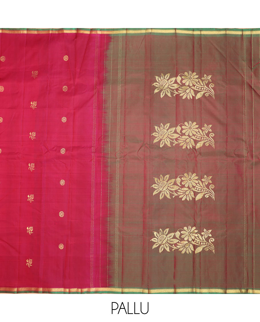 Red Kanchipuram Silk Saree Elevated with Zari Buttas, Features Contrast Zari Piping Border, Subtly Woven Contrast Pallu with Floral Designs, and Paired with a Contrast Blouse