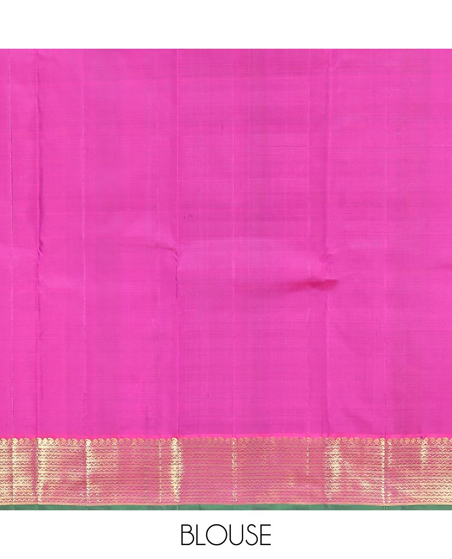 Purple Plain Kanchipuram Silk Saree, Complemented by Contrast Border Featuring Thilakam Mokku, Manga Mokku, Banaras, and Neli Designs, Pallu Adorned with Zari Designs, and Paired with a Contrast Blouse