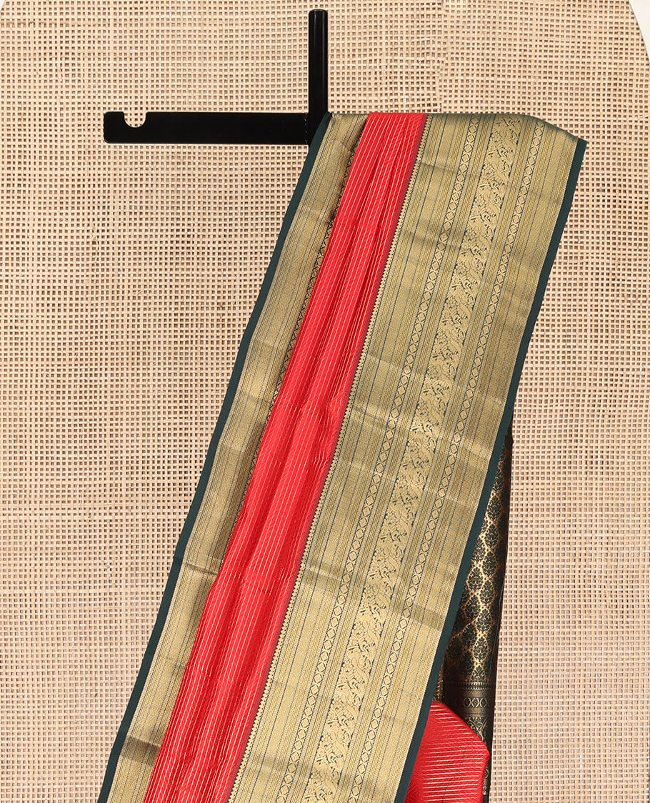 Red Kanchipuram Silk Saree, Woven with Geometric Patterns All Over Its Body, Complemented by Contrast Border of Thilakam Mokku, Kathir, Vanki, Banaras, Laddu Kamalam, and Mayil Designs, a Meticulously Crafted Pallu, and Paired with a Contrast Blouse
