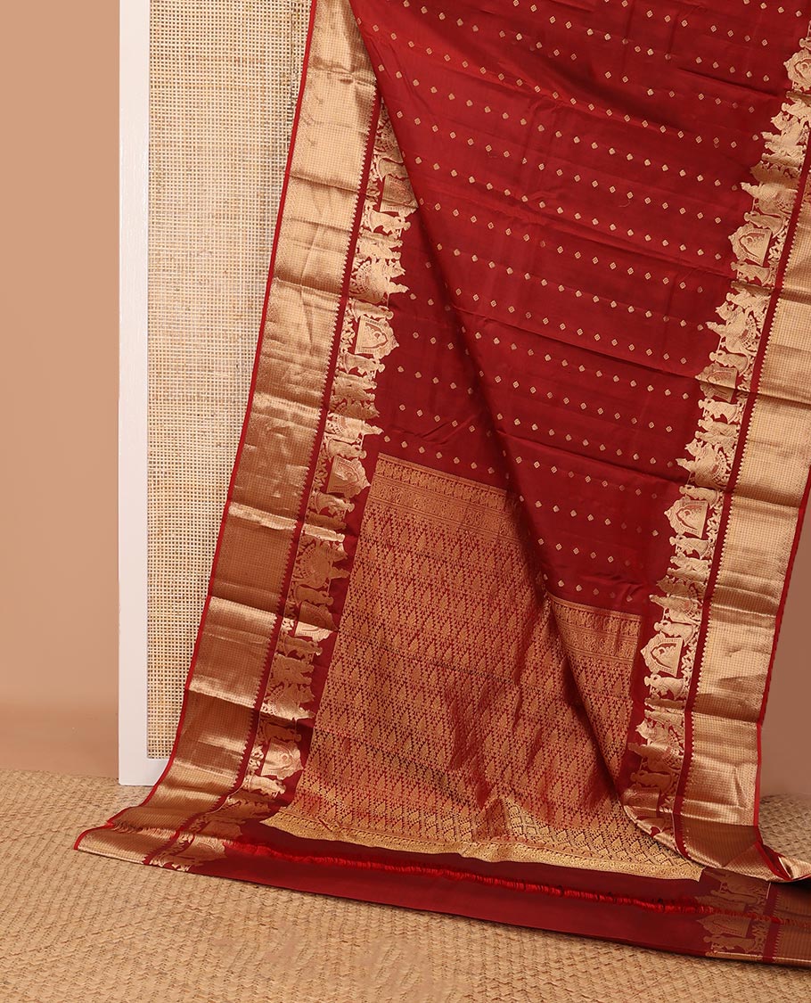 Red zari buttas silk saree, zari wedding-theme zari woven border of thilakam,banaras & neli designs & jaal pallu