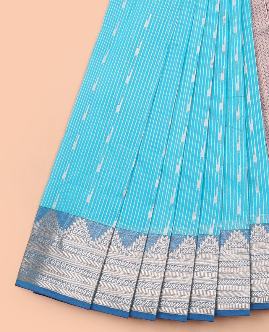 Light blue striped, motifs kora cotton saree with contrast temple border & ogee design pallu