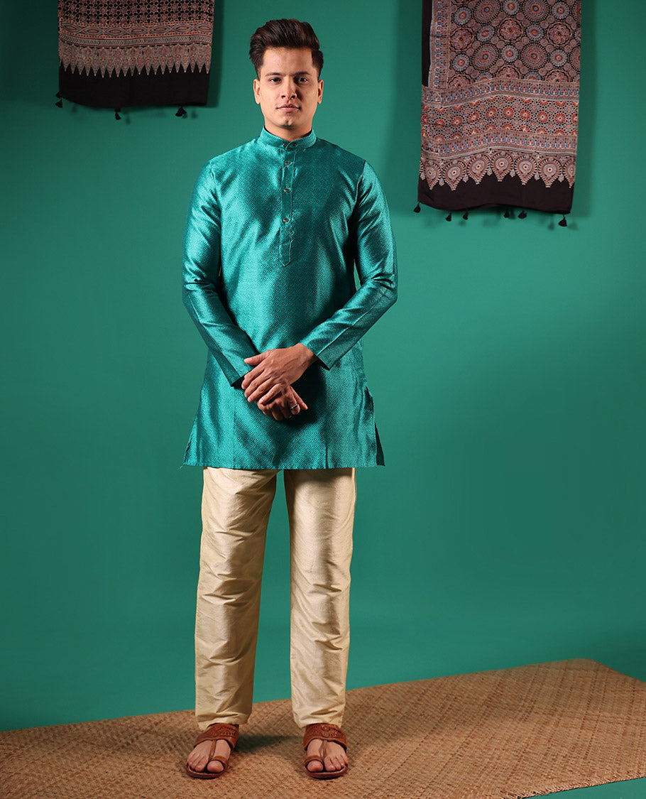 Rama blue peacock eye style diamond patterns embossed full-sleeved men's kurta