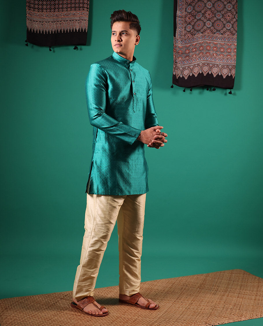 Rama blue peacock eye style diamond patterns embossed full-sleeved men's kurta