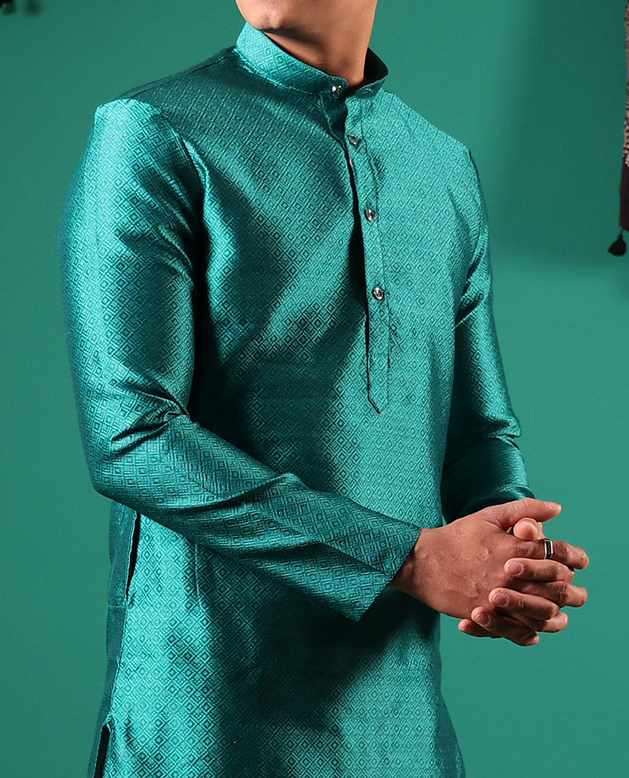 Rama blue peacock eye style diamond patterns embossed full-sleeved men's kurta