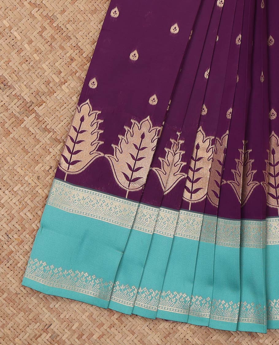 Purple Litchi Saree, Crafted with Zari Buttas, a Contrast Traditional Rettai Pettu Border, Grand Pallu, and a Contrast Blouse