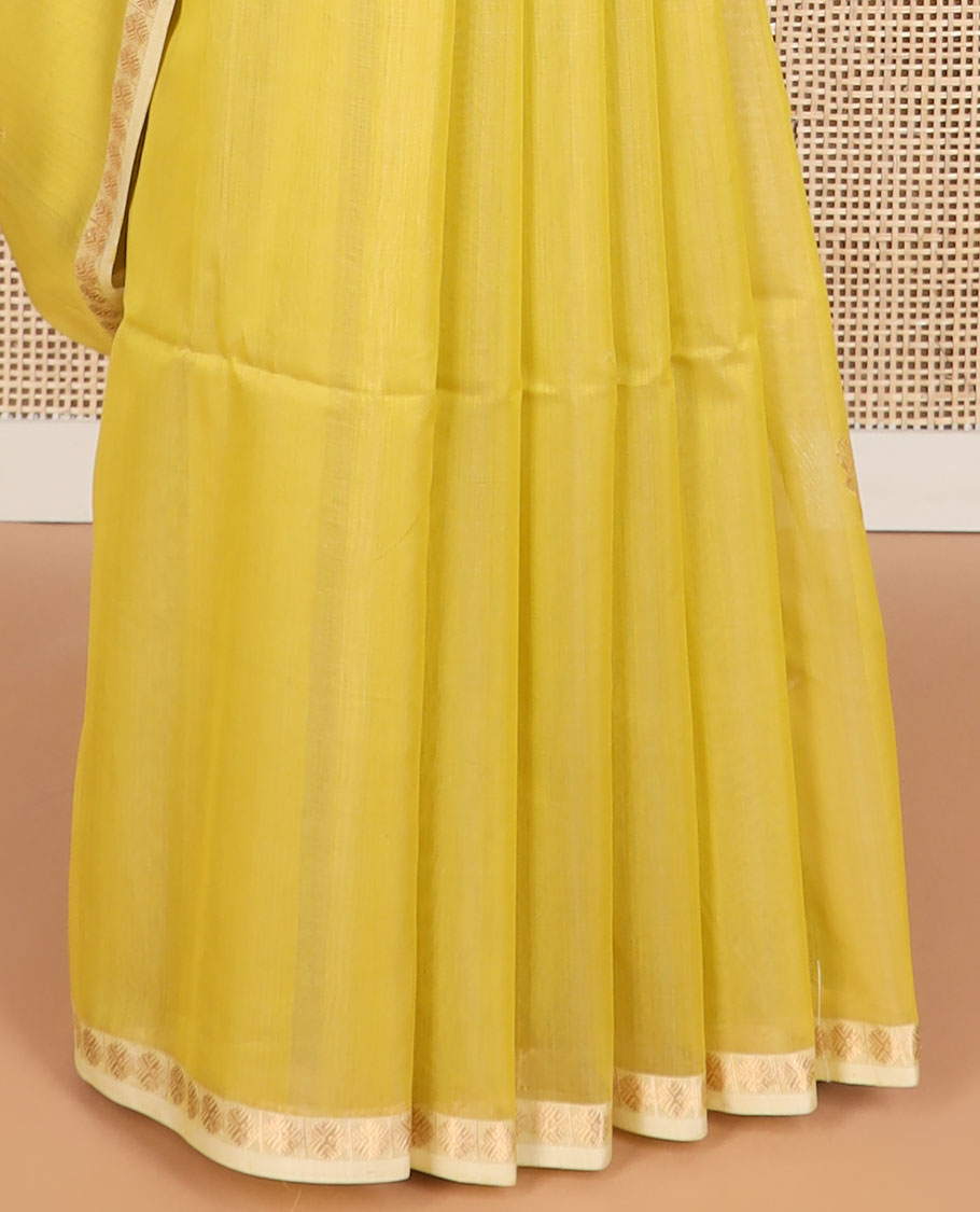 Yellow motifs maheswari cotton saree with contrast zari design border & butterfly motifs pallu