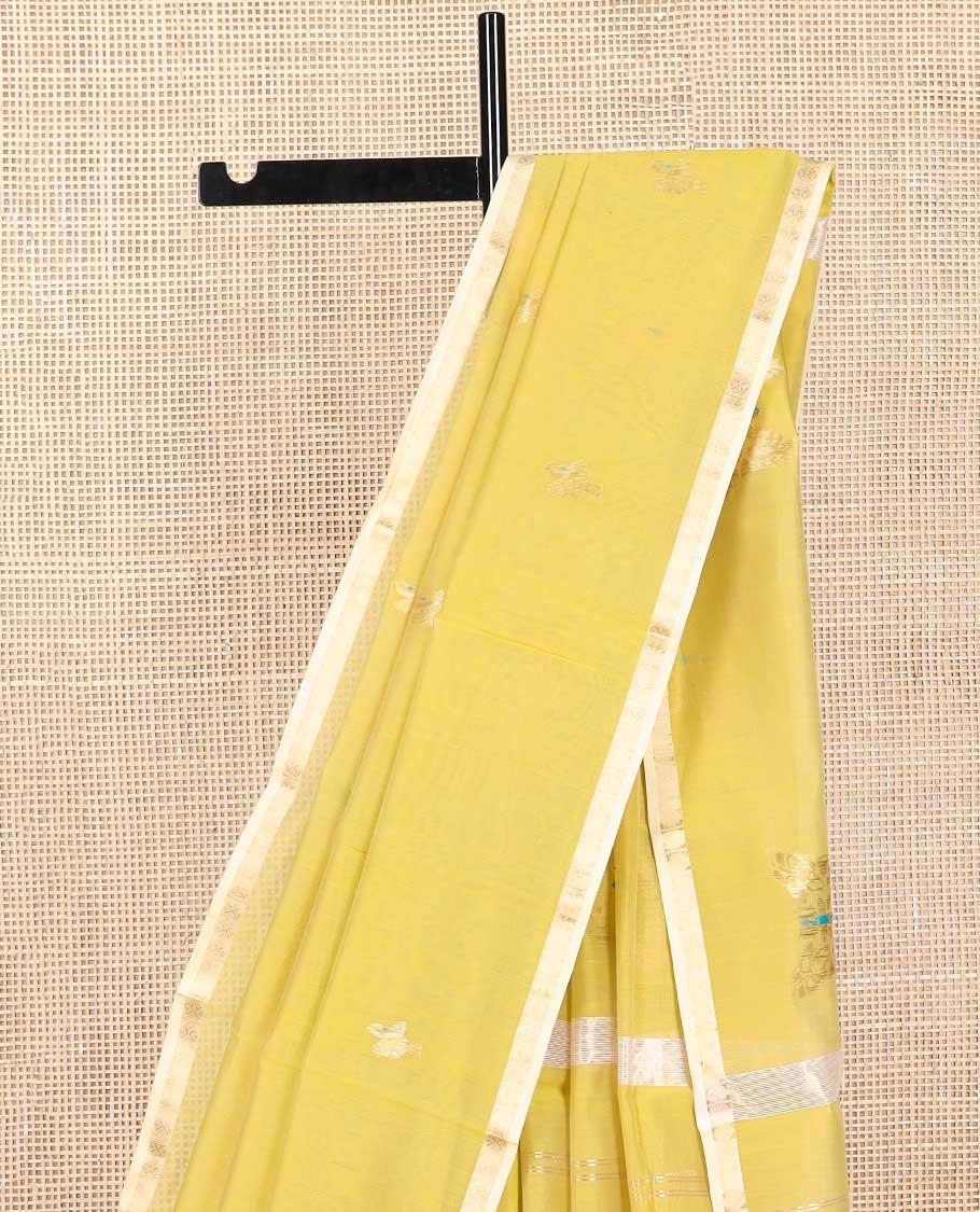 Yellow motifs maheswari cotton saree with contrast zari design border & butterfly motifs pallu