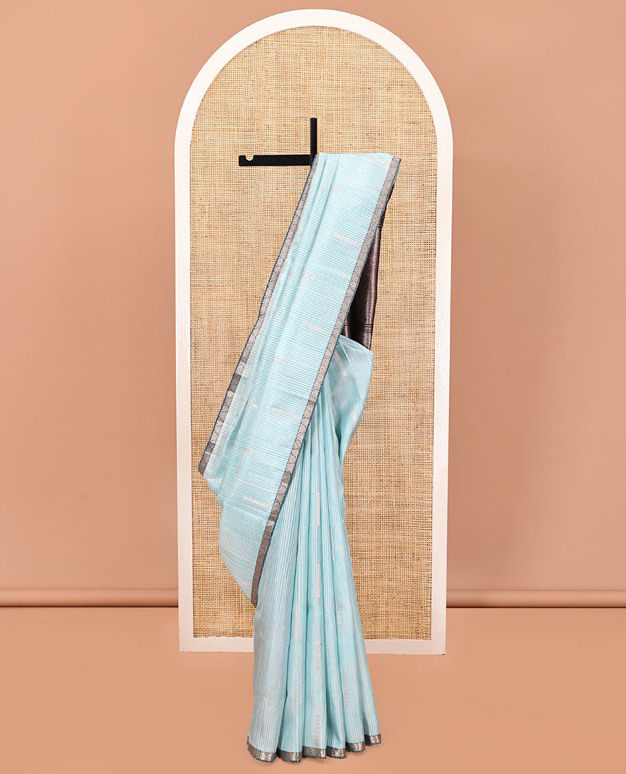 Blue Mayuri Soft Silk Saree, Sparsely Woven with Buttas and Stripes All Over Its Body, Complemented by Contrast Kodi Visiry Border, Pallu of Greek Key, and Manga Designs, and Paired with a Contrast Blouse