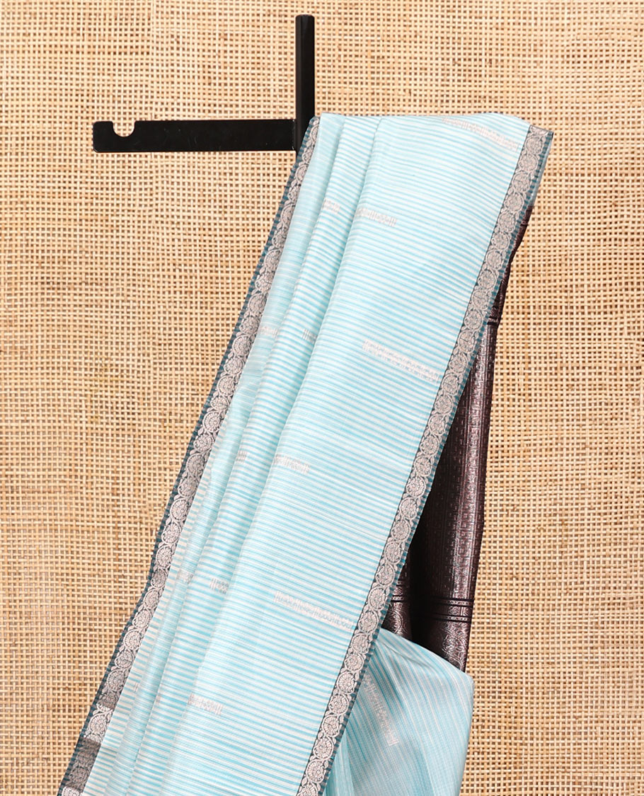 Blue Mayuri Soft Silk Saree, Sparsely Woven with Buttas and Stripes All Over Its Body, Complemented by Contrast Kodi Visiry Border, Pallu of Greek Key, and Manga Designs, and Paired with a Contrast Blouse