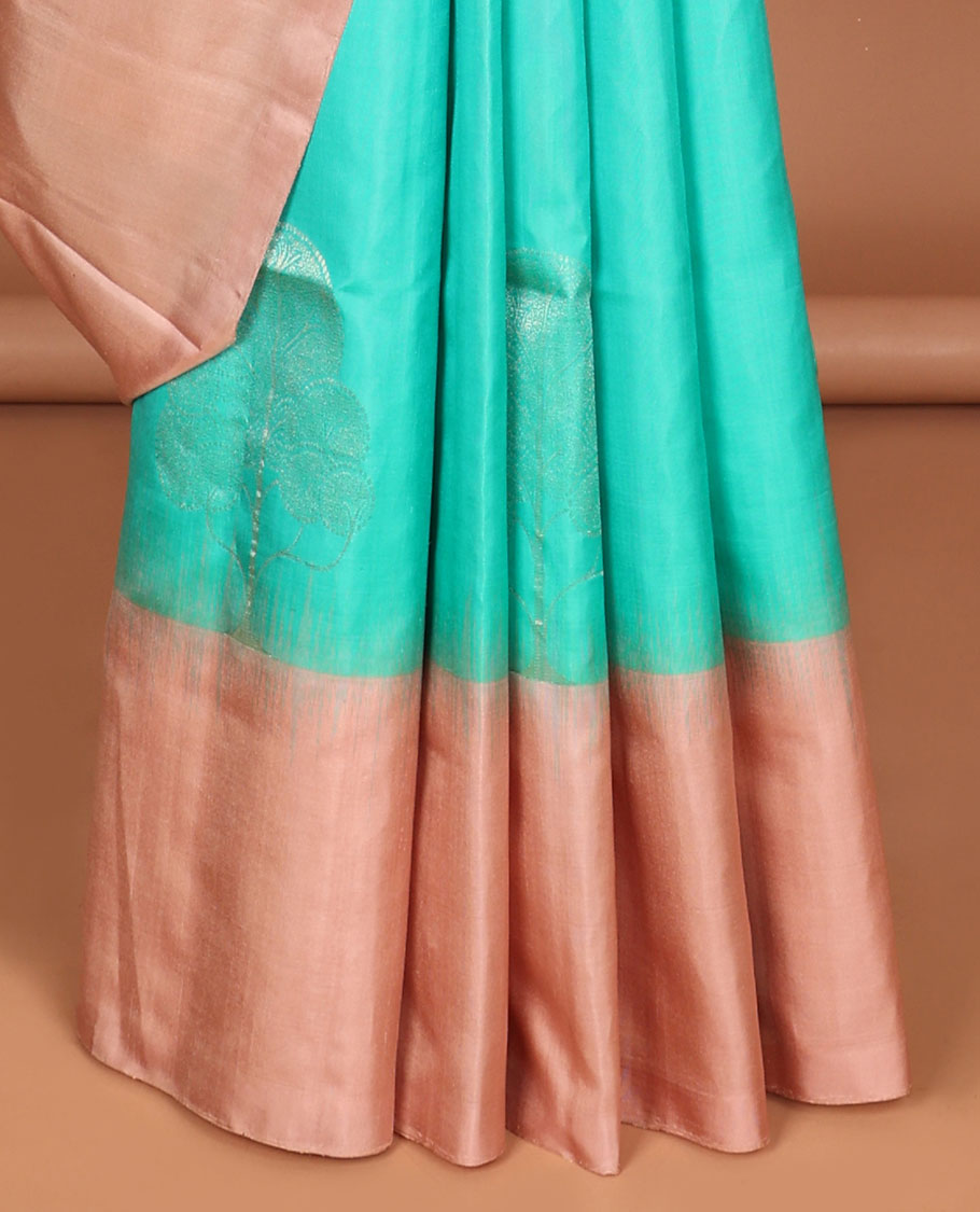 Green tree buttas soft silk saree with contrast zari border & floral zari design pallu